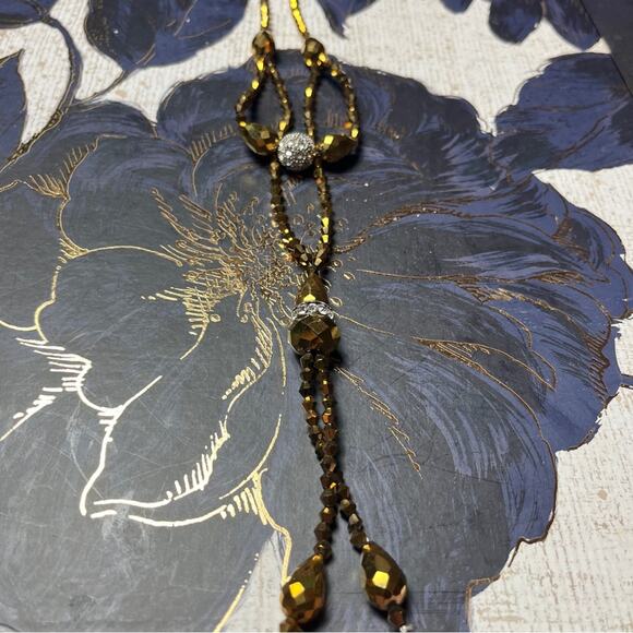 Estate Y2K Brown Faceted AB and Rhinestone Beaded Double Layer Drop Necklace D2 - Picture 2 of 14